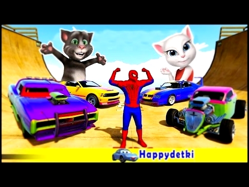 Человек паук на цветных спортивных машинках прыгает, мультики для детей 