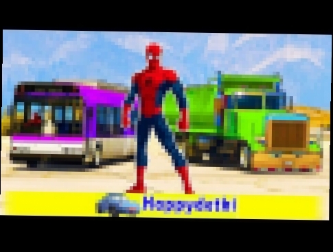 Человек паук катается на цветных автобусах и грузовиках, детские мультики про машинки 