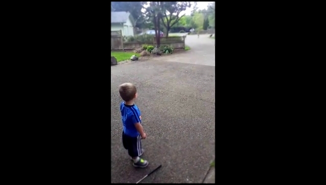 Двухлетний мальчик разговаривает с индюками 