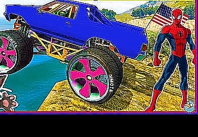 Человек паук на цветной машинке с большими колесами прыгает в воду, мультики 
